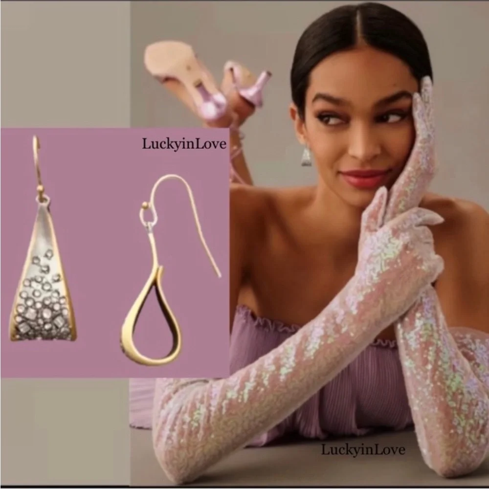ALEXIS BITTAR • Ribbon Curl Bow Crystal Dusted Matte Silver Gold Drop Earrings